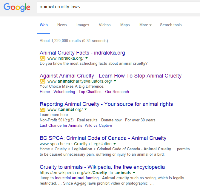 Example of Google ad - Animal Cruelty Laws
